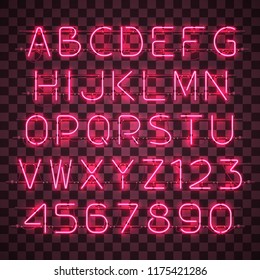 Glowing red neon alphabet with letters from A to Z and digits from 0 to 9 on transparent background. Shining neon effect. Every letter is separate unit with wires, tubes, brackets and holders.