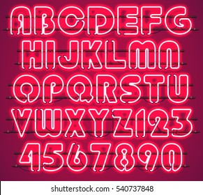 Glowing Red Neon Alphabet with letters from A to Z and digits from 0 to 9 with wires, tubes, brackets and holders. Shining and glowing neon effect. Every letter or digit is separate unit .