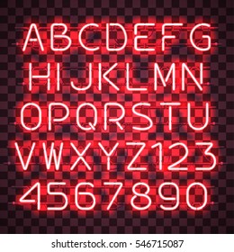 Alfabeto rojo brillante con letras de A a Z y dígitos de 0 a 9 sobre fondo transparente. Efecto neón brillante. Cada letra es una unidad separada con cables, tubos, soportes y soportes.