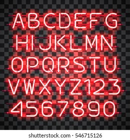 Glowing Red Neon Alphabet with letters from A to Z and digits from 0 to 9 on transparent background. Glowing neon effect. Every letter is separate unit with wires, tubes, brackets and holders.