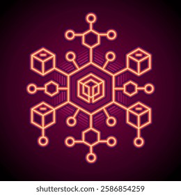 Glowing Red Neon Blockchain Network. Cyber Core Nexus. Red Glowing Digital System with Hexagonal Interlinks