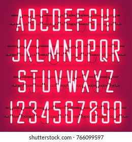 Glowing Red Neon Casual Script Font with uppercase letters from A to Z and digits from 0 to 9 with wires, tubes, brackets and holders. Shining and glowing neon effect. Vector illustration.