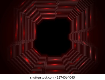 Borde técnico de las líneas de la placa de circuito de neón rojo brillante. Diseño de vectores