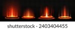 Glowing red neon game portal in realistic vector illustration set. Futuristic teleport podium with beams for gui concept. Magic or cyberpunk round port or product podium with luminous effect.