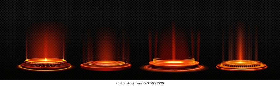 Glowing red neon game portal in realistic vector illustration set. Futuristic teleport podium with beams for gui concept. Magic or cyberpunk round port or product podium with luminous effect.