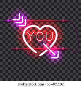 Glowing red neon heart pierced with purple arrow and letters YOU with holders, brackets and wires isolated on transparent background. Glowing neon effect. Valentines heart. Love and wedding symbol.