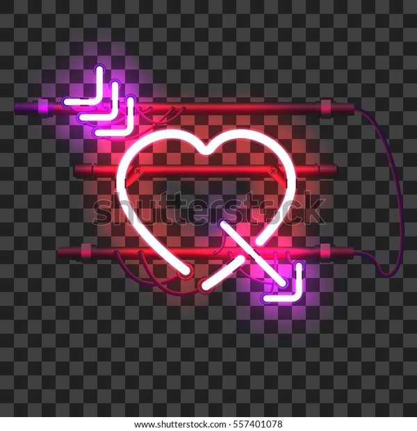 透明な背景に赤いネオンハートに紫色の矢印を刺し ホルダー ブラケット ワイヤーを付けます 輝く輝くネオン効果 バレンタインハート 愛と結婚のシンボル のベクター画像素材 ロイヤリティフリー