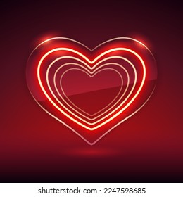 Glowing Red Neon Heart in Transparent Glass Icon. Vector clipart for Valentines Day project.