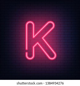 Glowing red neon letters. Realistic bright font on dark brick wall. Vector illustration of eps 10.