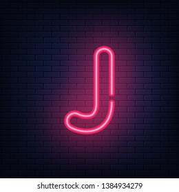 Glowing red neon letters. Realistic bright font on dark brick wall. Vector illustration of eps 10.