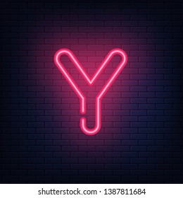 Glowing red neon letters. Realistic bright font on dark brick wall. Vector illustration of eps 10.