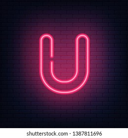 Glowing red neon letters. Realistic bright font on dark brick wall. Vector illustration of eps 10.