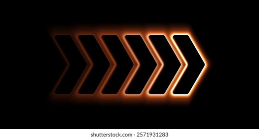 
Glowing red neon light arrows pointing to the right. 3D rendering of glowing neon arrows on a black background