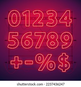 Glowing Red Neon Numbers and Symbols Font. Stock vector typeface for any typography design.