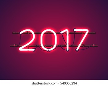 Glowing Red Neon sign 2017 with wires, tubes, brackets and holders. Vector element for New Year card, logo or other design.