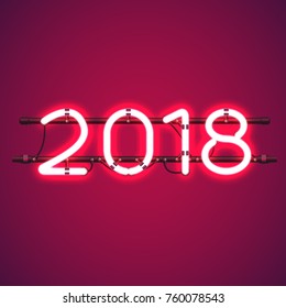 Glowing Red Neon sign 2018 on transparent background with wires, tubes, brackets and holders. Vector element for New Year card, logo or other design. Shining and glowing effect. Vector illustration.