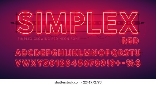 Glowing Red Neon Simplex Font. Stock vector typeface for any typography design.