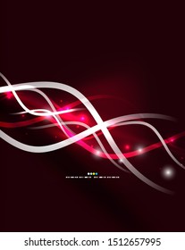 Glowing red neon wave lines flowing motion background. Wave energy in black color, fractal design. Vector magic illustration