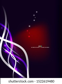 Brillantes líneas de onda de neón rojo que fluyen por el fondo del movimiento. Energía ondulada en color negro, diseño fractal. Ilustración mágica de vectores