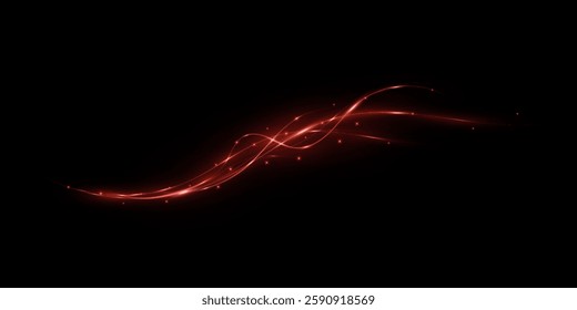Glowing red neon wave. Wavy glowing bright red smooth curved lines, magic glow energy flow movement with particles isolated on transparent black background.