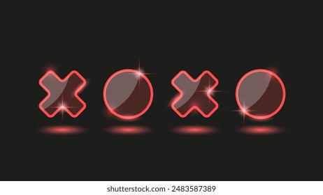 Glowing red neon xoxo symbols with light effects on black background, glossy letters abbreviated informal term hugs and kisses icons.