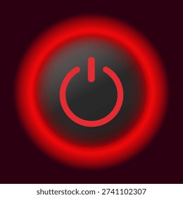 Glowing red power button icon on dark background.