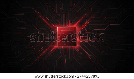 Glowing red processor chip with circuit board connections on dark background. High performance computing and gaming technology concept. vector eps10