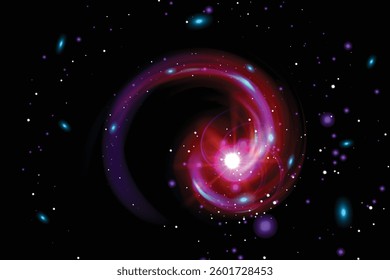 A glowing red and purple galaxy swirl with bright stars in deep space. A cosmic and futuristic abstract background.