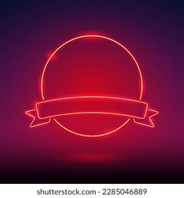 Glowing Red Round Neon Emblem with Ribbon Banner Template. Stock vector clipart with copy space.