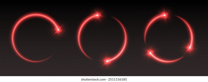 Círculos brillantes de estrellas fugaces rojas brillantes con destellos, marcos de luz, estrellas en movimiento circular, anillos brillantes abstractos con partículas. Ilustración vectorial.