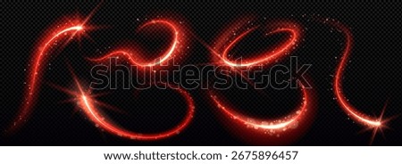 Glowing red sparkle magic trails with luminous curves and star bursts on transparent background. Fiery light streaks in swirling patterns with particles for fantasy effects or energy motion graphics