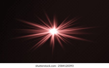 Glowing red starburst light effect on a dark background. Radiating beams create a luminous flare, symbolizing energy, illumination, and futuristic design. Sci-fi, digital effects, abstract