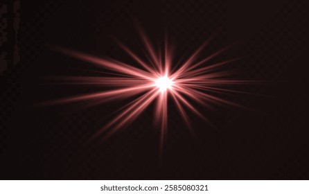 Glowing red starburst light effect on a dark background. Radiating beams create a luminous flare, symbolizing energy, illumination, and futuristic design. Sci-fi, digital effects, abstract