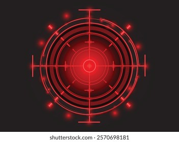 A glowing red target design featuring concentric circles and crosshairs, radiating a vibrant neon light effect against a dark background. The central red glow creates an intense focal point