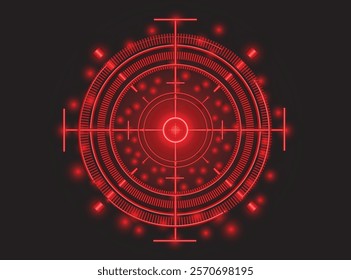 A glowing red target design featuring concentric circles and crosshairs, radiating a vibrant neon light effect against a dark background. The central red glow creates an intense focal point