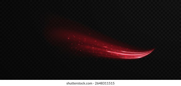 Glowing red twirl with curved light trails and dynamic energy motion on transparent background. Ideal for fire effects, passion visuals, futuristic highlights or battle magic in fantasy scenes.