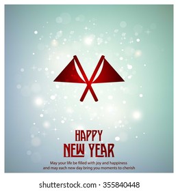 Glowing red typography with bunting and garland Icon on blue background - 2016 Happy New Year Greeting Card Design - Colorful Background