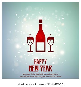 Glowing red typography with Drink bottle and Glass Icon on blue background - 2016 Happy New Year Greeting Card Design - Colorful Background