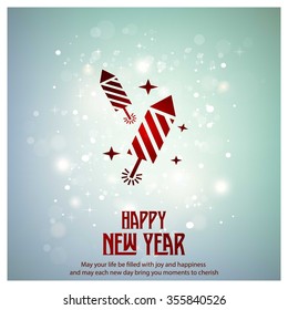 Glowing red typography with Fire Cracker Icon on blue background - 2016 Happy New Year Greeting Card Design - Colorful Background