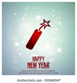 Glowing red typography with Fire Cracker Icon on blue background - 2016 Happy New Year Greeting Card Design - Colorful Background