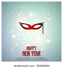 Glowing red typography with Glasses Mask Icon on blue background - 2016 Happy New Year Greeting Card Design - Colorful Background