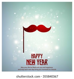 Glowing red typography with mustache Icon on blue background - 2016 Happy New Year Greeting Card Design - Colorful Background