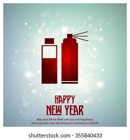 Glowing red typography with Spray Bottle Icon on blue background - 2016 Happy New Year Greeting Card Design - Colorful Background