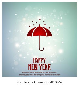 Glowing red typography with Umbrella Icon on blue background - 2016 Happy New Year Greeting Card Design - Colorful Background