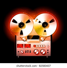 Glowing Reel To Reel Stereo Tape Deck Recorder. Vector.