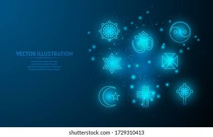 Glowing religion symbol on blue abstract background. low poly religion symbol backgraound. lines and triangles on blue background. 