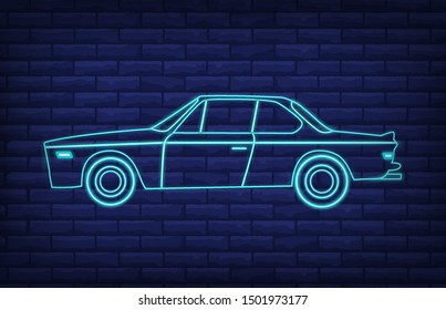 glowing retro car neon sign with brick wall