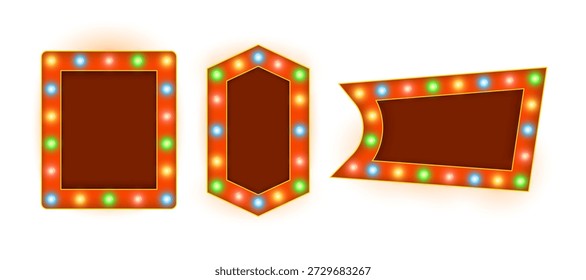 Marco retro brillante de la lámpara con el borde clásico del bulbo de la carpa aislado en PNG transparente conveniente para los carteles del circo, las promociones del espectáculo de la barra, los anuncios del casino, los Anuncios del vintage y las Plantillas decorativas iluminadas