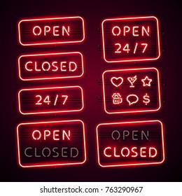 Glowing retro neon Open and Closed signs set with magic sparkles on dark red background. 24 hour and other bar or store icons. There are fastening elements and letters in a symbol palette.