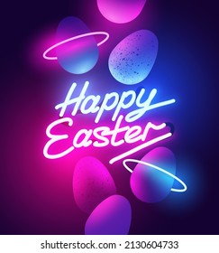 A glowing retro neon sign with happy easter text and chocolate eggs. Vector illustration.